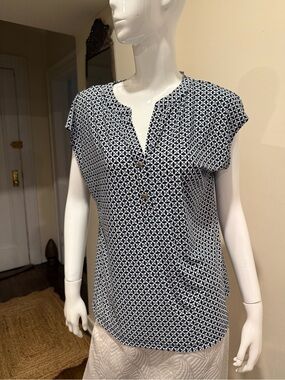 Geometric Print Cap Sleeve Blouse - Navy/White